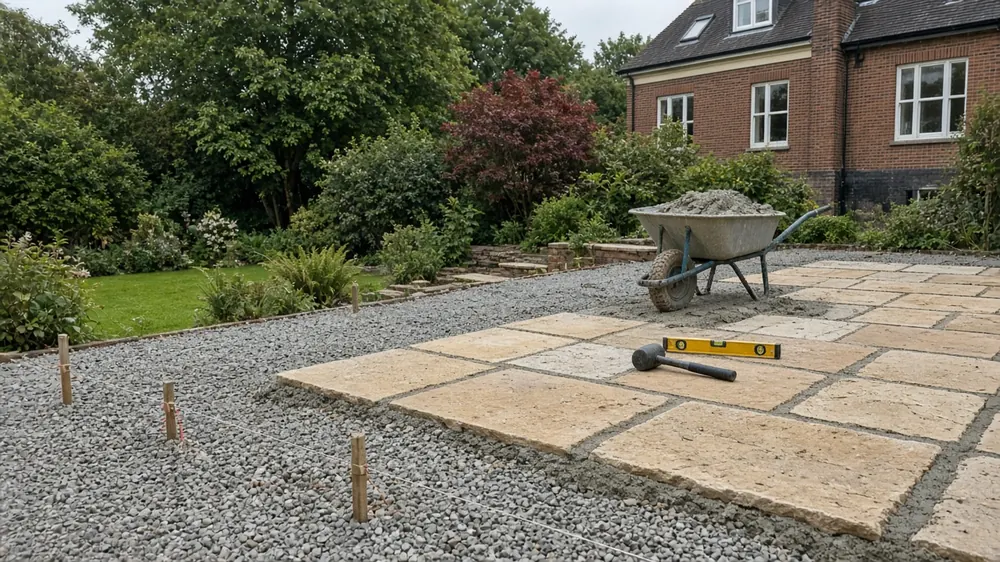 Example image: riven slabs being laid on a full mortar bed over a compacted sub-base