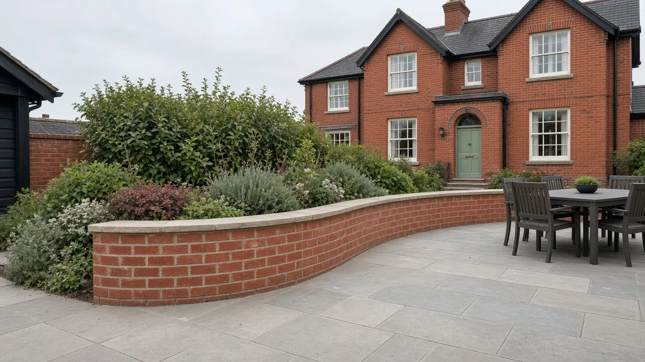 Example image: a low curved brick wall with a stone coping edging a sandstone terrace, with a raised planted bed behind